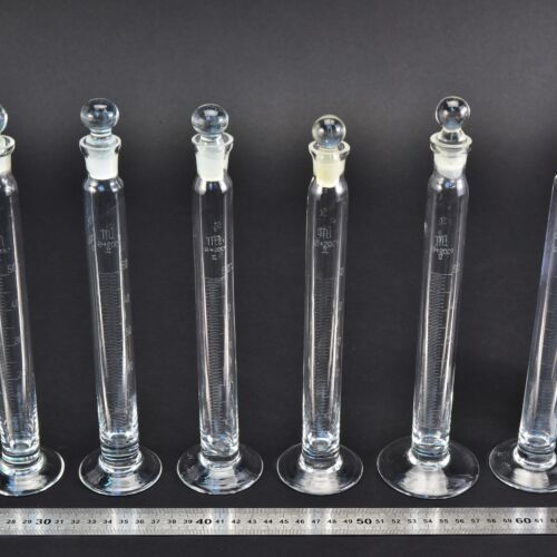 50 ml footed glass graduated cylinders with ground-glass stoppers – set of 6 – No. 3 50 ml footed glass graduated cylinders with ground-glass stoppers – set of 6 – No. 3