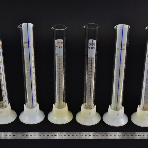 100 ml MSZ-marked glass graduated cylinders with removable plastic bases – set of 6 – No. 4 100 ml MSZ-marked glass graduated cylinders with removable plastic bases – set of 6 – No. 4