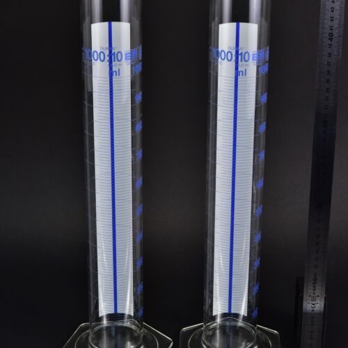 1000 ml DURAN glass graduated cylinders with blue graduations and hexagonal bases – set of 2 1000 ml DURAN glass graduated cylinders with blue graduations and hexagonal bases – set of 2