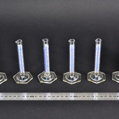 Miniature 5 ml glass graduated cylinders with blue graduations and hexagonal bases – set of 6