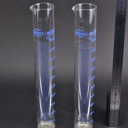 500 ml DURAN glass graduated cylinders with blue graduations, without plastic bases – set of 2 500 ml DURAN glass graduated cylinders with blue graduations, without plastic bases – set of 2