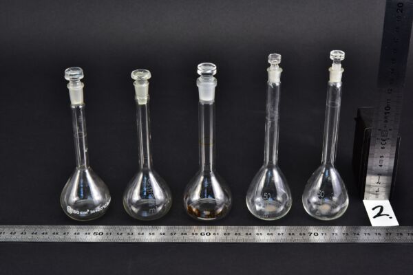 Set of five mixed volumetric flasks with glass stoppers, 50 ml – No. 2