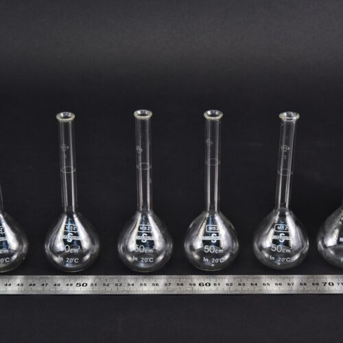 Set of six plain-neck volumetric flasks without stoppers, 50 ml – No. 3