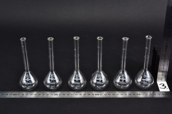 Set of six plain-neck volumetric flasks without stoppers, 50 ml – No. 3 Set of six plain-neck volumetric flasks without stoppers, 50 ml – No. 3