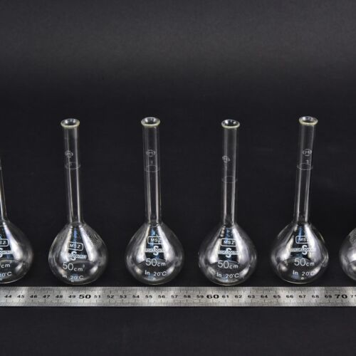 Set of six plain-neck volumetric flasks without stoppers, 50 ml – No. 4