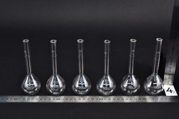 Set of six plain-neck volumetric flasks without stoppers, 50 ml – No. 4 Set of six plain-neck volumetric flasks without stoppers, 50 ml – No. 4
