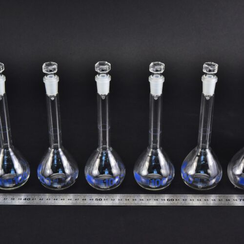Set of six volumetric flasks with blue markings and octagonal-headed glass stoppers, 100 ml – No. 5