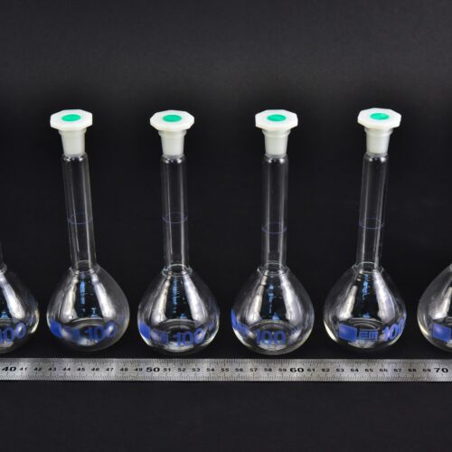 Set of six volumetric flasks with blue markings and plastic stoppers, 100 ml – No. 7