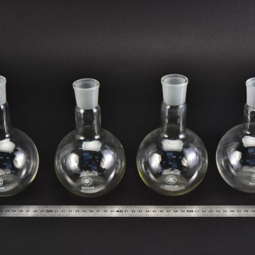Set of four short-neck BORAL PULA flat-bottom flasks with ground-glass joints, 500 ml – No. 1