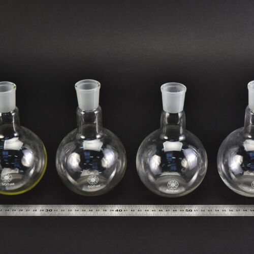 Set of four short-neck BORAL PULA flat-bottom flasks with ground-glass joints, 500 ml – No. 2