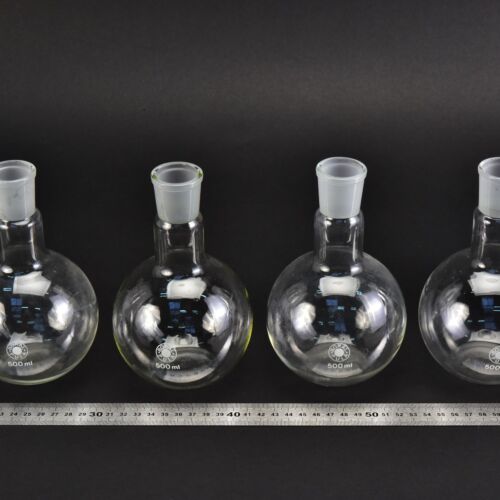 Set of four short-neck BORAL PULA flat-bottom flasks with ground-glass joints, 500 ml – No. 3