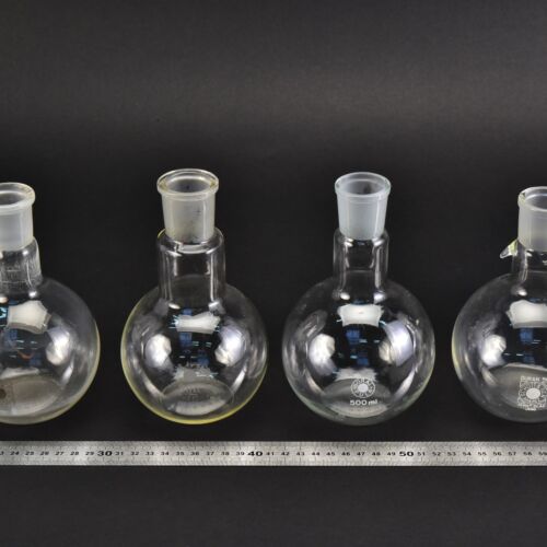 Set of four short-neck BORAL PULA / SCHOTT flat-bottom flasks with ground-glass joints, 500 ml – No. 4