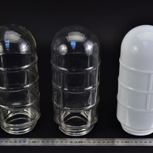 Set of three ribbed threaded glass shades, two clear and one opal-white