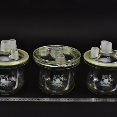 Set of three SCHOTT DURAN 1-litre reaction vessels with four-neck lids
