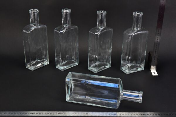 Set of five flat glass petrol bottles – No. 1