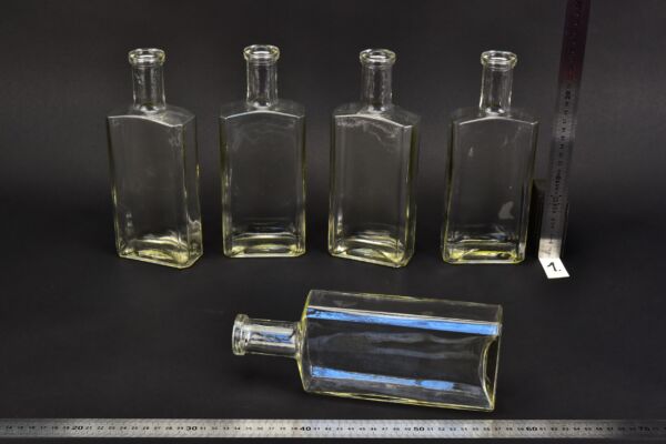 Set of five medium-sized flat glass petrol bottles – No. 1