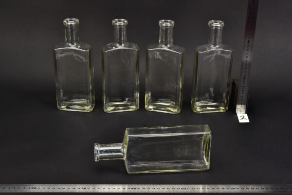 Set of five medium-sized flat glass petrol bottles – No. 2