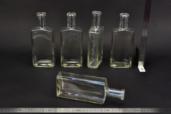 Set of five medium-sized flat glass petrol bottles – No. 3