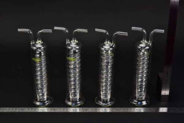 Set of four spiral laboratory glass gas-washing vessels