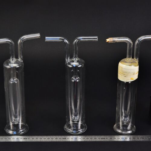 Set of three laboratory glass gas-washing vessels with internal tubes