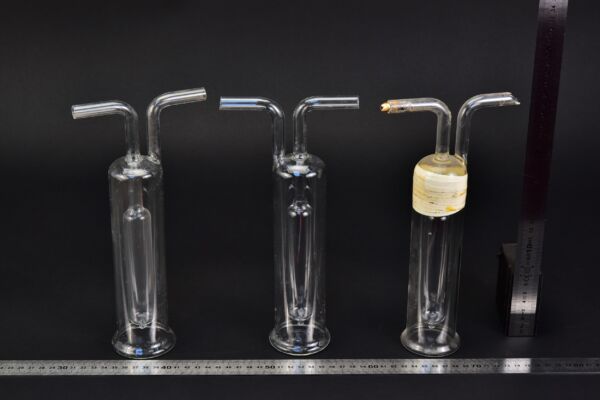 Set of three laboratory glass gas-washing vessels with internal tubes