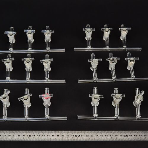 Set of six three-port laboratory glass manifolds with glass stopcocks – No. 1