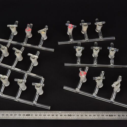 Set of six three-port laboratory glass manifolds with glass stopcocks – No. 3