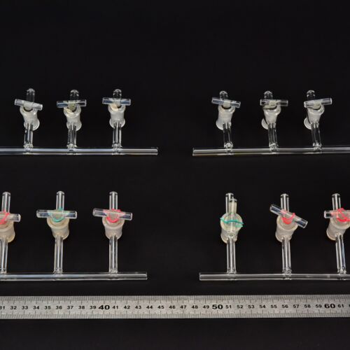 Set of four three-port laboratory glass manifolds with glass stopcocks – No. 5