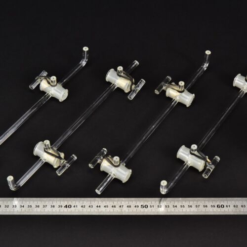 Set of four two-port laboratory glass manifolds with glass stopcocks Set of four two-port laboratory glass manifolds with glass stopcocks