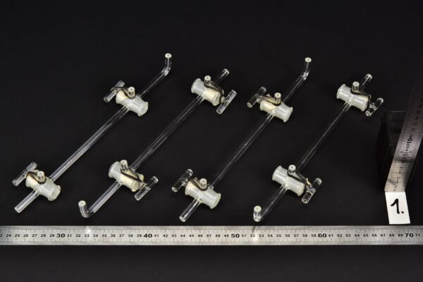 Set of four two-port laboratory glass manifolds with glass stopcocks