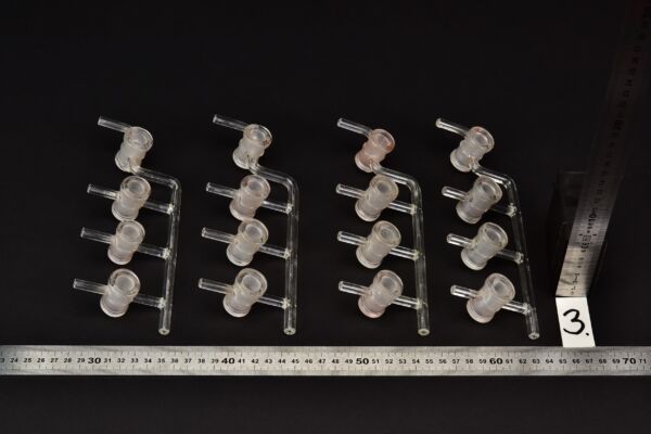 Set of four laboratory glass manifold bodies with four stopcock barrels, without plugs – No. 3 Set of four laboratory glass manifold bodies with four stopcock barrels, without plugs – No. 3