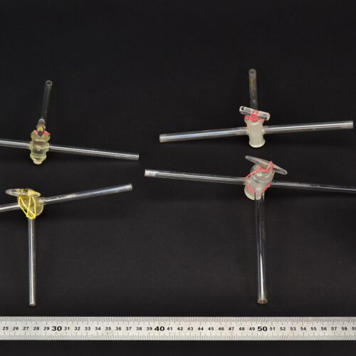 Set of four T-shaped three-way laboratory glass stopcocks – No. 1