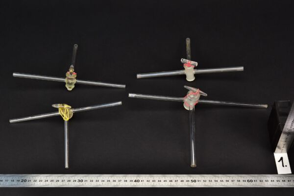 Set of four T-shaped three-way laboratory glass stopcocks – No. 1