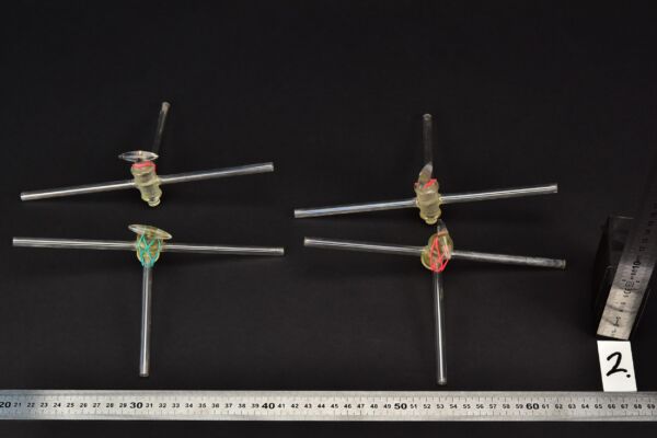 Set of four T-shaped three-way laboratory glass stopcocks – No. 2 Set of four T-shaped three-way laboratory glass stopcocks – No. 2