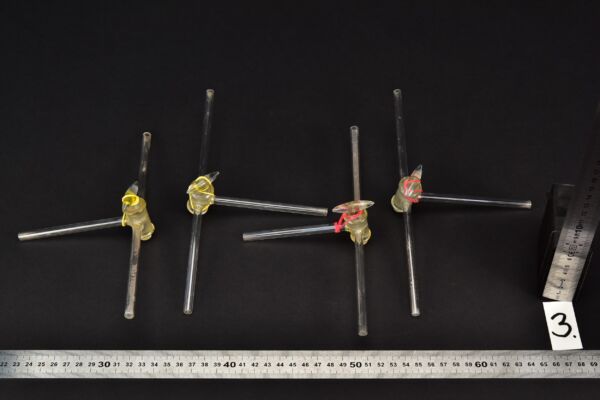 Set of four T-shaped three-way laboratory glass stopcocks – No. 3 Set of four T-shaped three-way laboratory glass stopcocks – No. 3