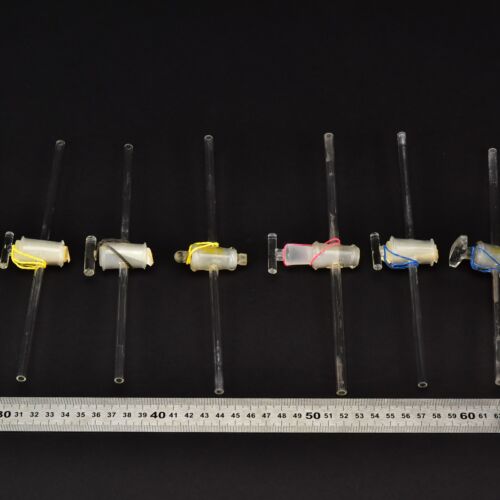 Set of seven two-way laboratory glass stopcocks with long stems – No. 1 Set of seven two-way laboratory glass stopcocks with long stems – No. 1