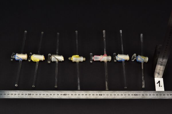 Set of seven two-way laboratory glass stopcocks with long stems – No. 1 Set of seven two-way laboratory glass stopcocks with long stems – No. 1