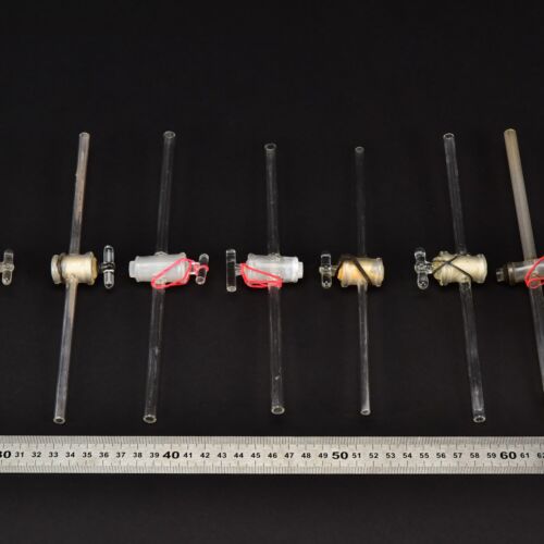 Set of seven two-way laboratory glass stopcocks with long stems – No. 2 Set of seven two-way laboratory glass stopcocks with long stems – No. 2