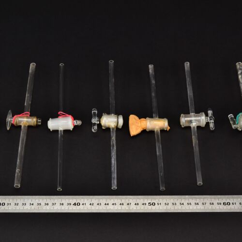 Set of seven two-way laboratory glass stopcocks with long stems – No. 3 Set of seven two-way laboratory glass stopcocks with long stems – No. 3