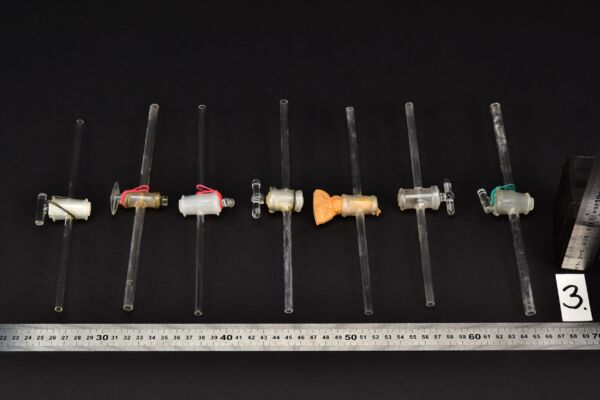 Set of seven two-way laboratory glass stopcocks with long stems – No. 3 Set of seven two-way laboratory glass stopcocks with long stems – No. 3