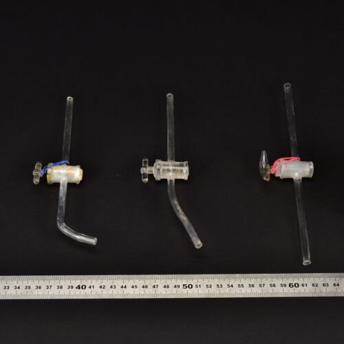 Set of three two-way laboratory glass stopcocks with straight and bent stems – No. 4 Set of three two-way laboratory glass stopcocks with straight and bent stems – No. 4