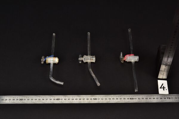 Set of three two-way laboratory glass stopcocks with straight and bent stems – No. 4 Set of three two-way laboratory glass stopcocks with straight and bent stems – No. 4