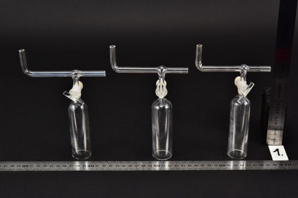 Set of three laboratory glass bells with stopcocks and bent cross tubes – No. 1 Set of three laboratory glass bells with stopcocks and bent cross tubes – No. 1