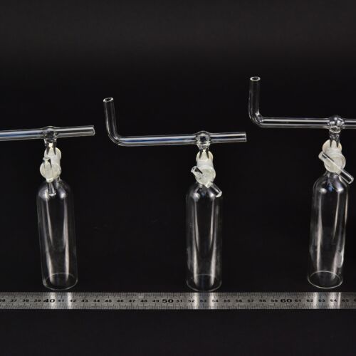 Set of three laboratory glass bells with stopcocks and bent cross tubes – No. 2 Set of three laboratory glass bells with stopcocks and bent cross tubes – No. 2