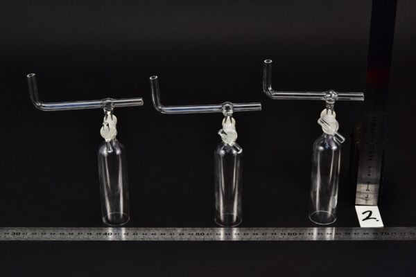 Set of three laboratory glass bells with stopcocks and bent cross tubes – No. 2