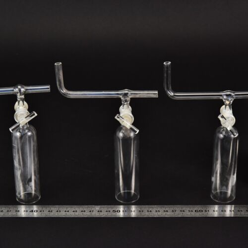 Set of three laboratory glass bells with stopcocks and bent cross tubes – No. 3 Set of three laboratory glass bells with stopcocks and bent cross tubes – No. 3