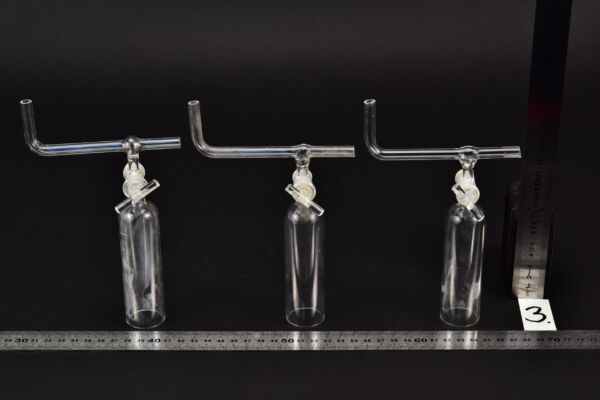 Set of three laboratory glass bells with stopcocks and bent cross tubes – No. 3