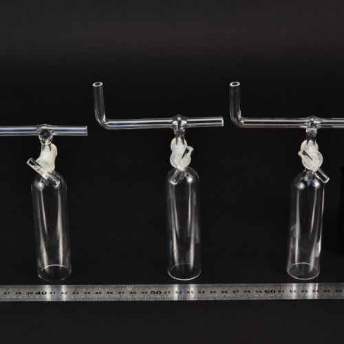 Set of three laboratory glass bells with stopcocks and bent cross tubes – No. 4