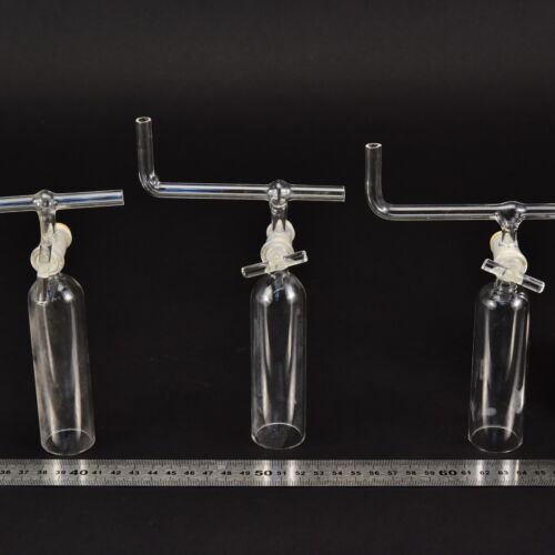 Set of three laboratory glass bells with stopcocks and bent cross tubes – No. 6