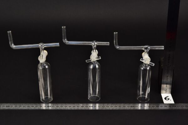 Set of three laboratory glass bells with stopcocks and bent cross tubes – No. 6 Set of three laboratory glass bells with stopcocks and bent cross tubes – No. 6